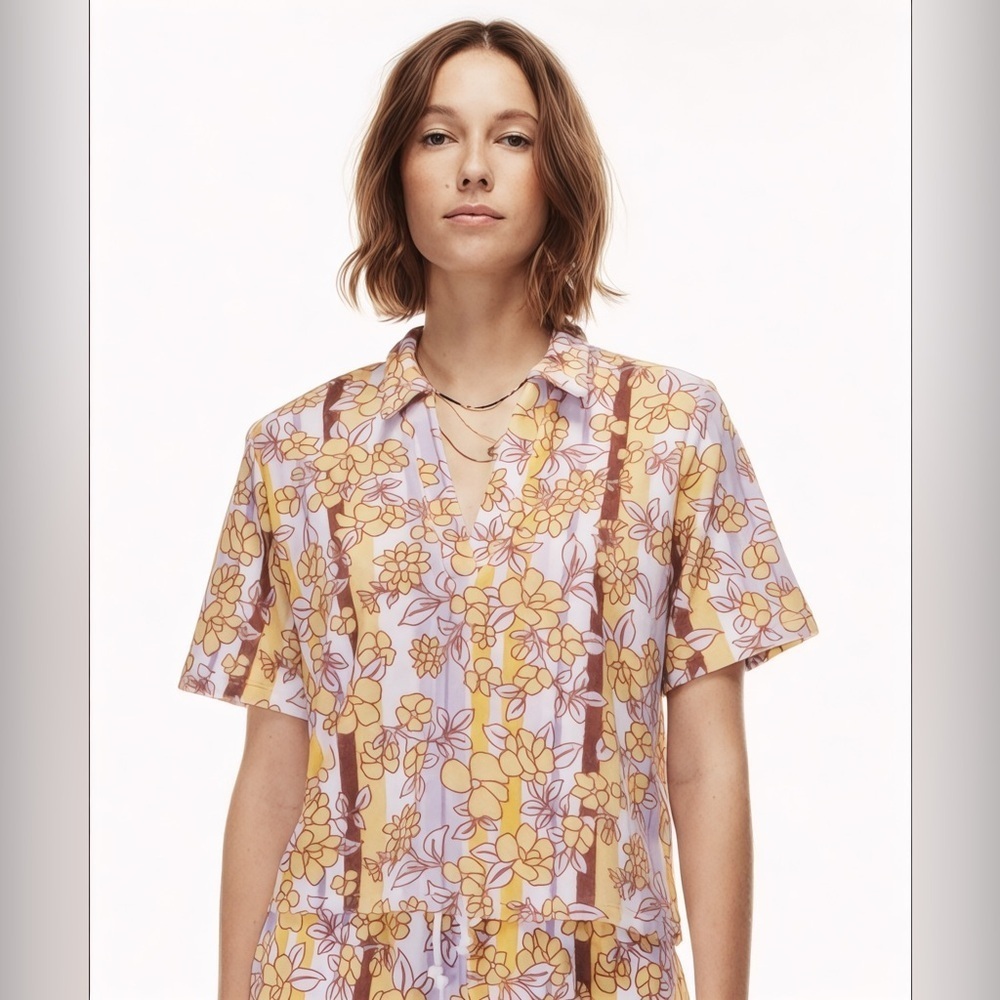 Aritzia Wilfred Free Popsicle Floral Summer Terry Top V-Neck Butter Yellow Sz S